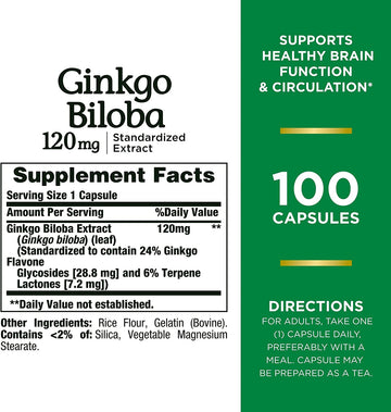 Nature’s Bounty Ginkgo Biloba Capsules 120mg, Memory Support Supplement, Supports Brain Function and Mental Alertness, 100 Capsules