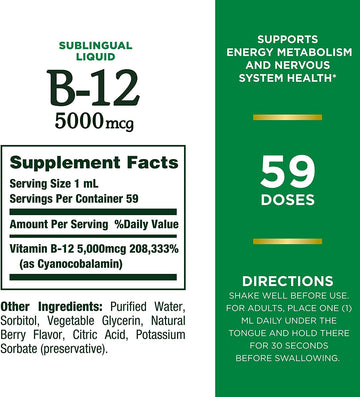 Nature’s Bounty Vitamin B12 5000 Mcg Sublingual Liquid, Cardiovascular Health & Cellular Energy Support, 2 Fl Oz (1 Count)