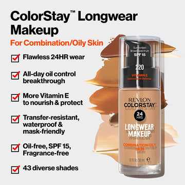 Liquid Foundation by Revlon, ColorStay Face Makeup for Combination & Oily Skin, SPF 15, Medium-Full Coverage with Matte Finish, Vanilla (135), 1.0 oz