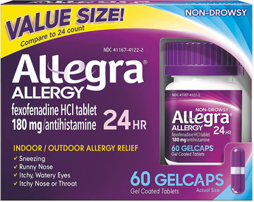 Allegra Adult 24HR Non-Drowsy Antihistamine Gelcaps, 60-Count, Fast-acting Allergy Symptom Relief, 180 mg