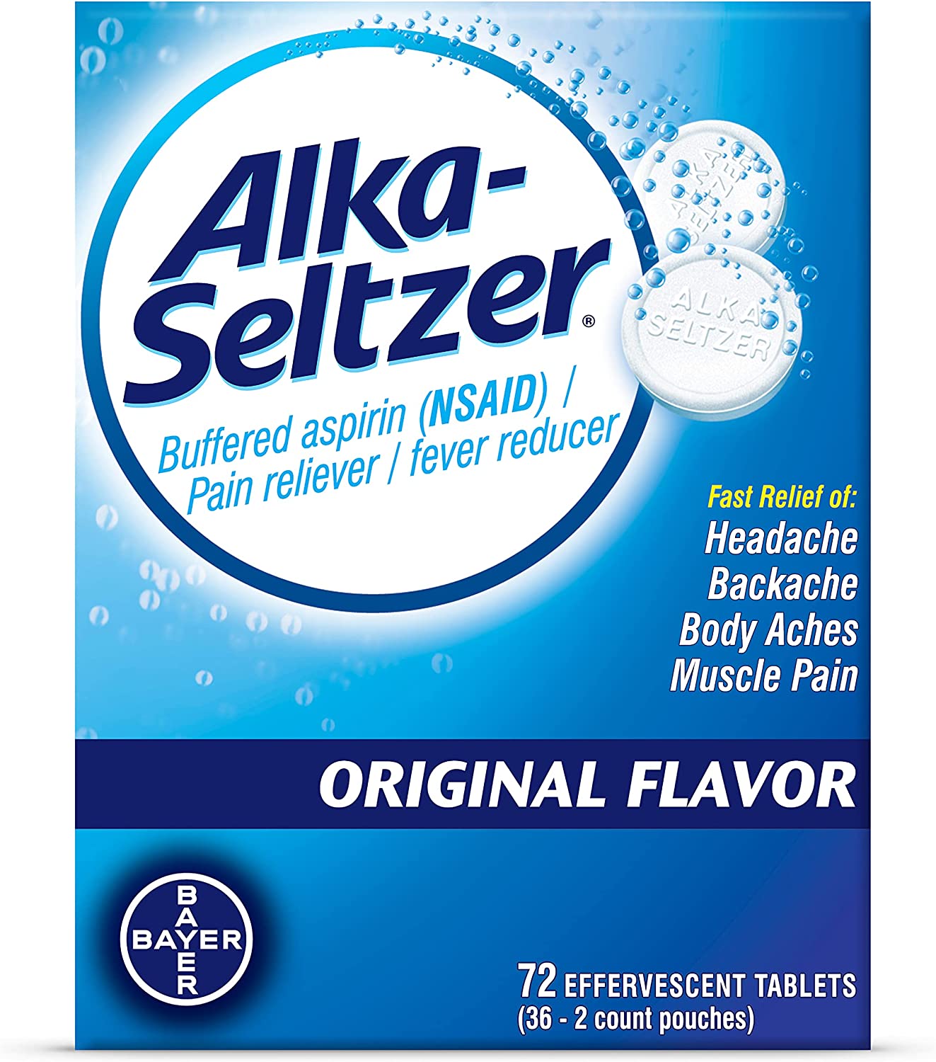 Alka-Seltzer Original Effervescent Tablets, fast relief of headache, muscle aches, and body aches, 72 Count (Product packaging may vary)