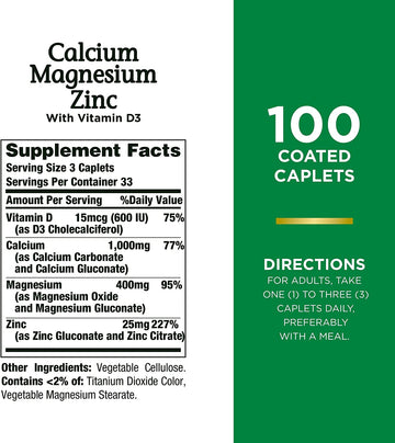 Nature's Bounty Calcium Magnesium & Zinc Caplets, Immune & Supporting Bone Health, 100 Count