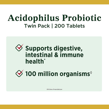 Nature’s Bounty Acidophilus Probiotic, Daily Probiotic Supplement, Supports Digestive Health, Twin Pack, 200 Tablets