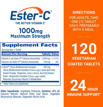 Ester-C Vitamin C 1000 mg Coated Tablets, 120 Count, Immune System Booster, Stomach-Friendly Supplement, Gluten-Free