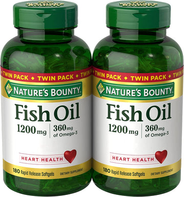 Nature’s Bounty Fish Oil 1200 mg, Twin Pack, Supports Heart Health With Omega 3 EPA & DHA, 360 Rapid Release Softgels